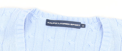 Ralph Lauren Sport Women's Blue Cotton V-Neck Cable Knit Jumper M