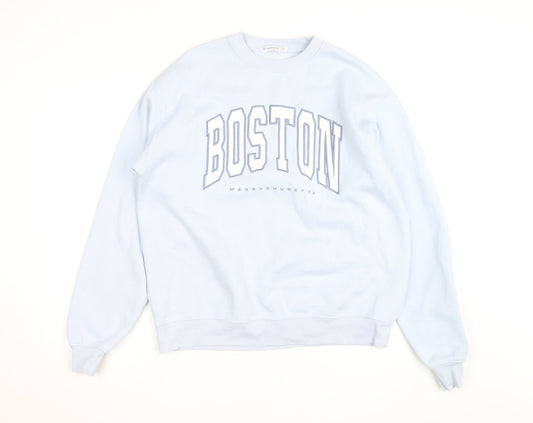 Additional front view of Stradivarius unisex blue boston crew neck sweatshirt xs