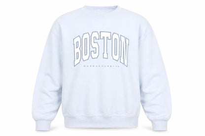 Front view of Stradivarius unisex blue boston crew neck sweatshirt xs