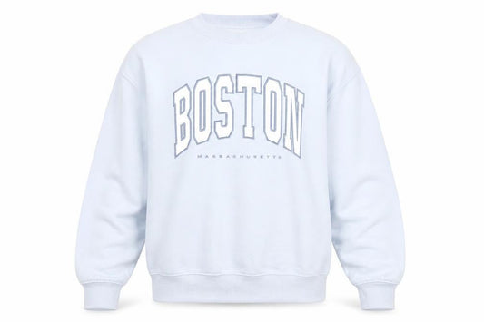 Front view of Stradivarius unisex blue boston crew neck sweatshirt xs