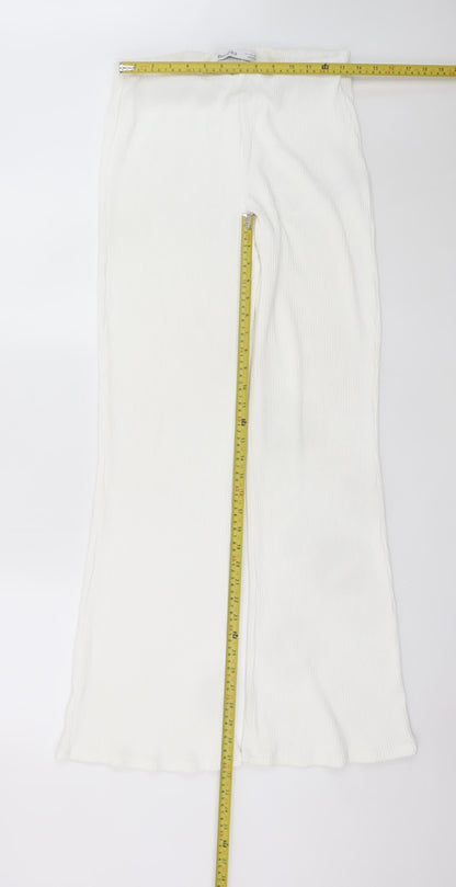 Bershka Women’s White Flared Ribbed Knit Trousers Size L