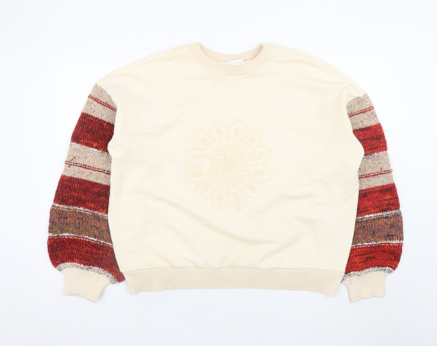 Desigual Women’s Beige Knit Sleeve Sweatshirt L Bohemian Embroidered Pullover