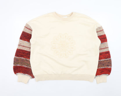 Desigual Women’s Beige Knit Sleeve Sweatshirt L Bohemian Embroidered Pullover