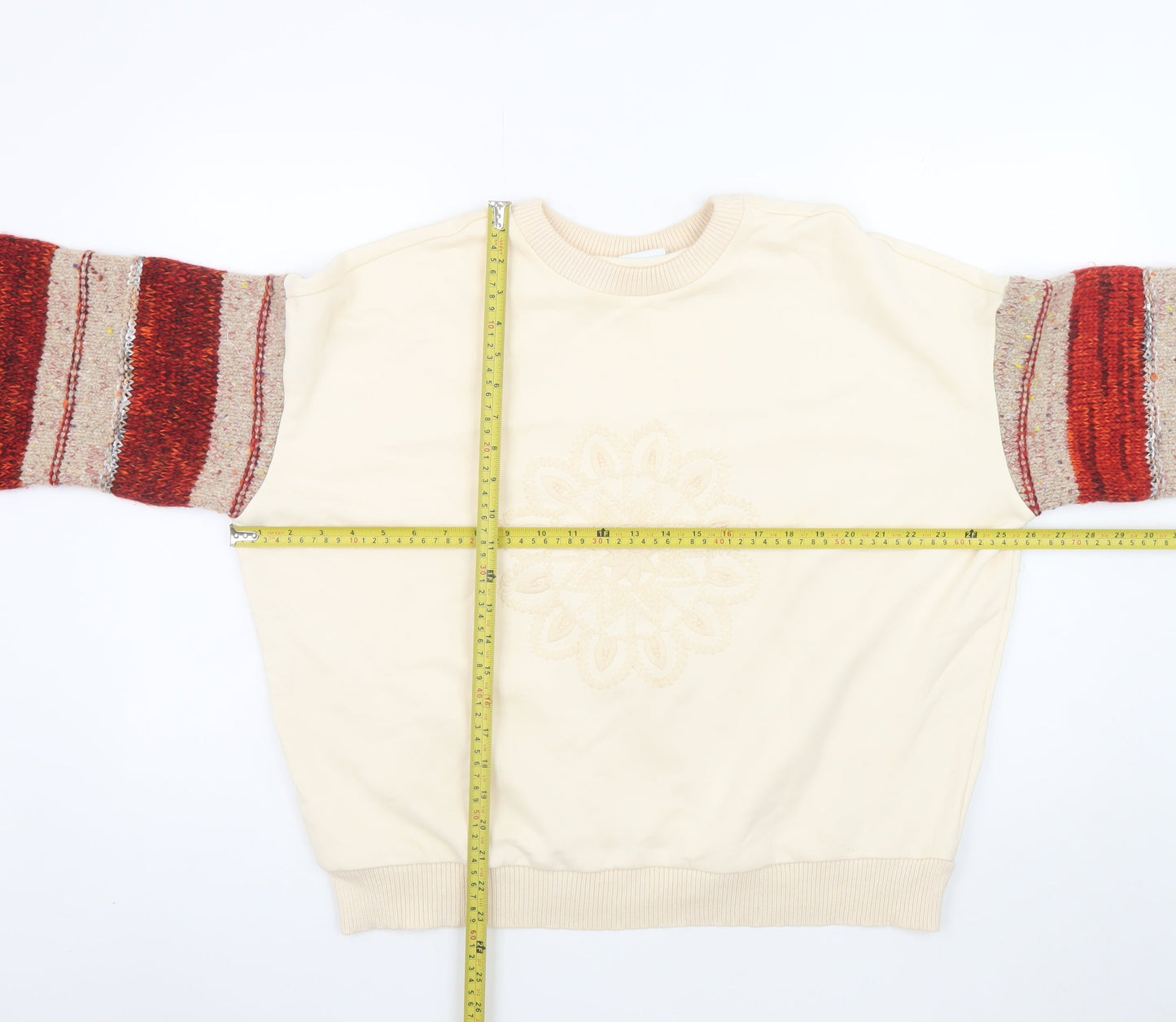 Desigual Women’s Beige Knit Sleeve Sweatshirt L Bohemian Embroidered Pullover