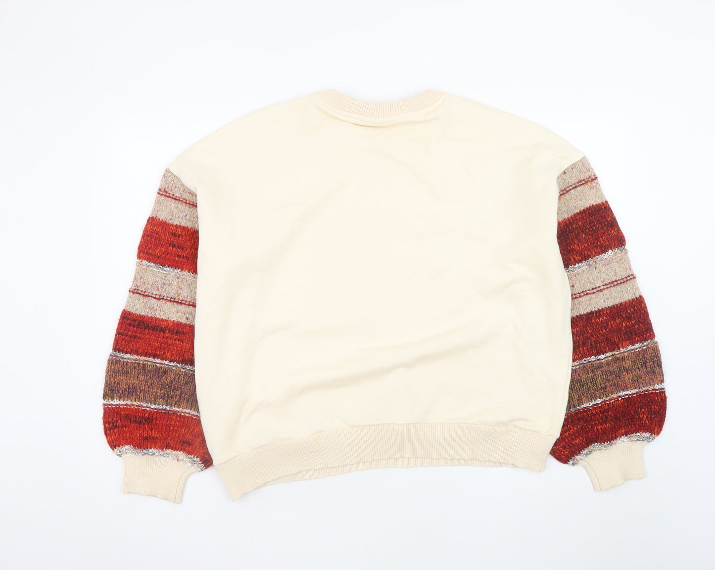 Desigual Women’s Beige Knit Sleeve Sweatshirt L Bohemian Embroidered Pullover