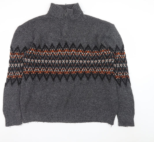 Next Men’s Grey Fair Isle 1/4 Zip Wool Jumper XL Winter Knitwear