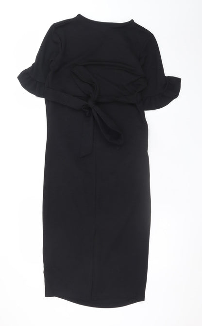 Boohoo Women Black Size 12 Bodycon Ruffle Sleeve Knee Length Dress