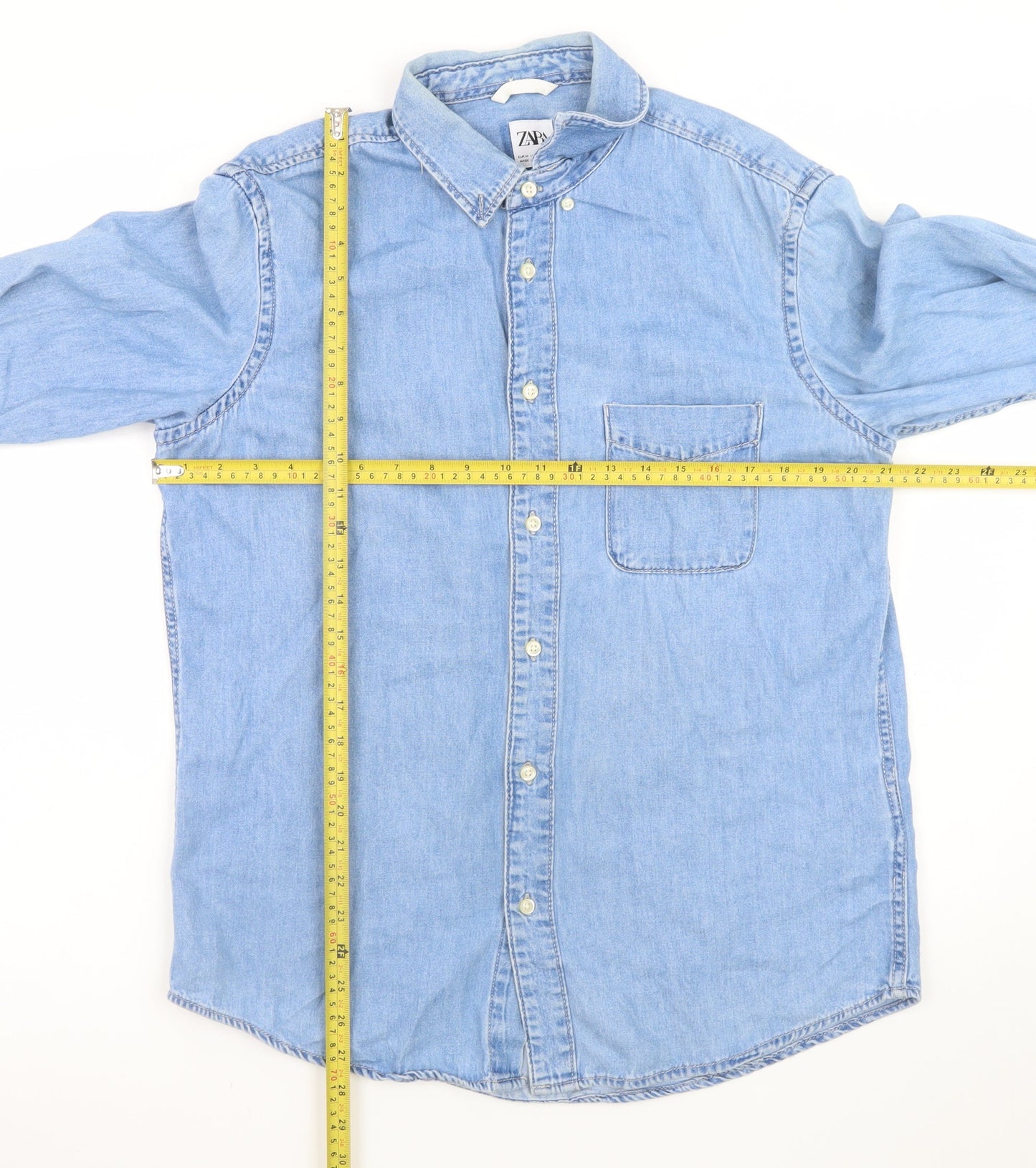 ZARA Women's Blue Denim Button-Up Shirt Long Sleeve Size M