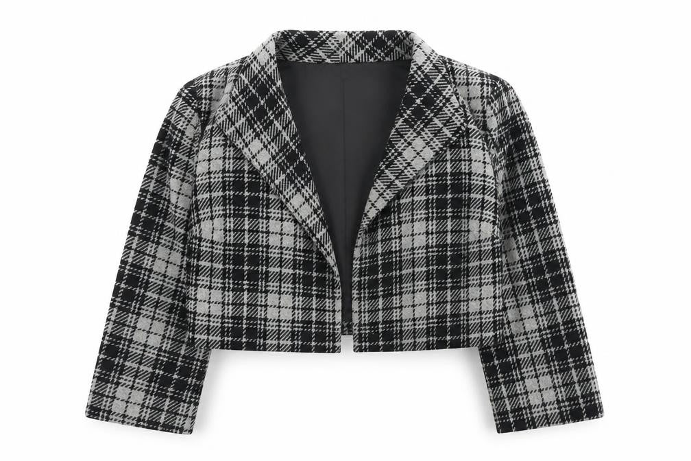 BCX Women's Grey Check Cropped Blazer Jacket Size L