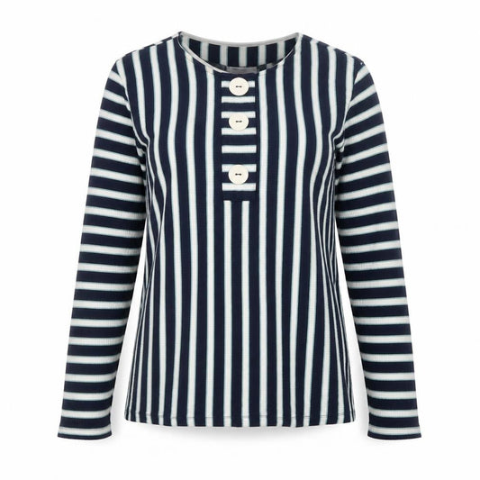 Savida Women’s Blue Striped Long Sleeve Crew Neck Button T-Shirt Size 14