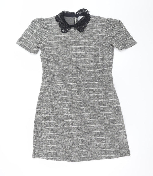 River Island Women Grey Check Shift Dress Size 12 Short Sleeve Lace Collar
