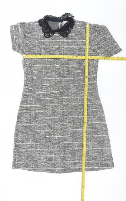 River Island Women Grey Check Shift Dress Size 12 Short Sleeve Lace Collar