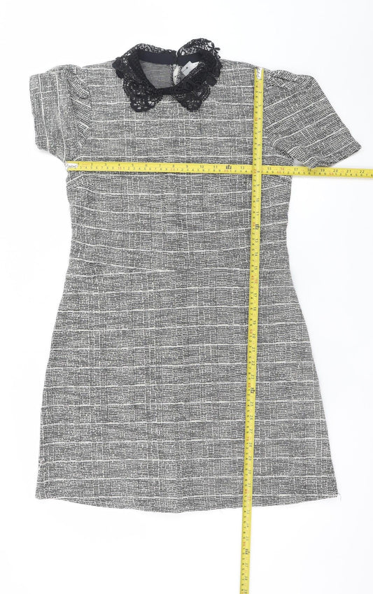 River Island Women Grey Check Shift Dress Size 12 Short Sleeve Lace Collar