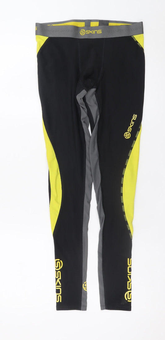 Skins Mens Black Yellow Compression Leggings Large Nylon Elastane