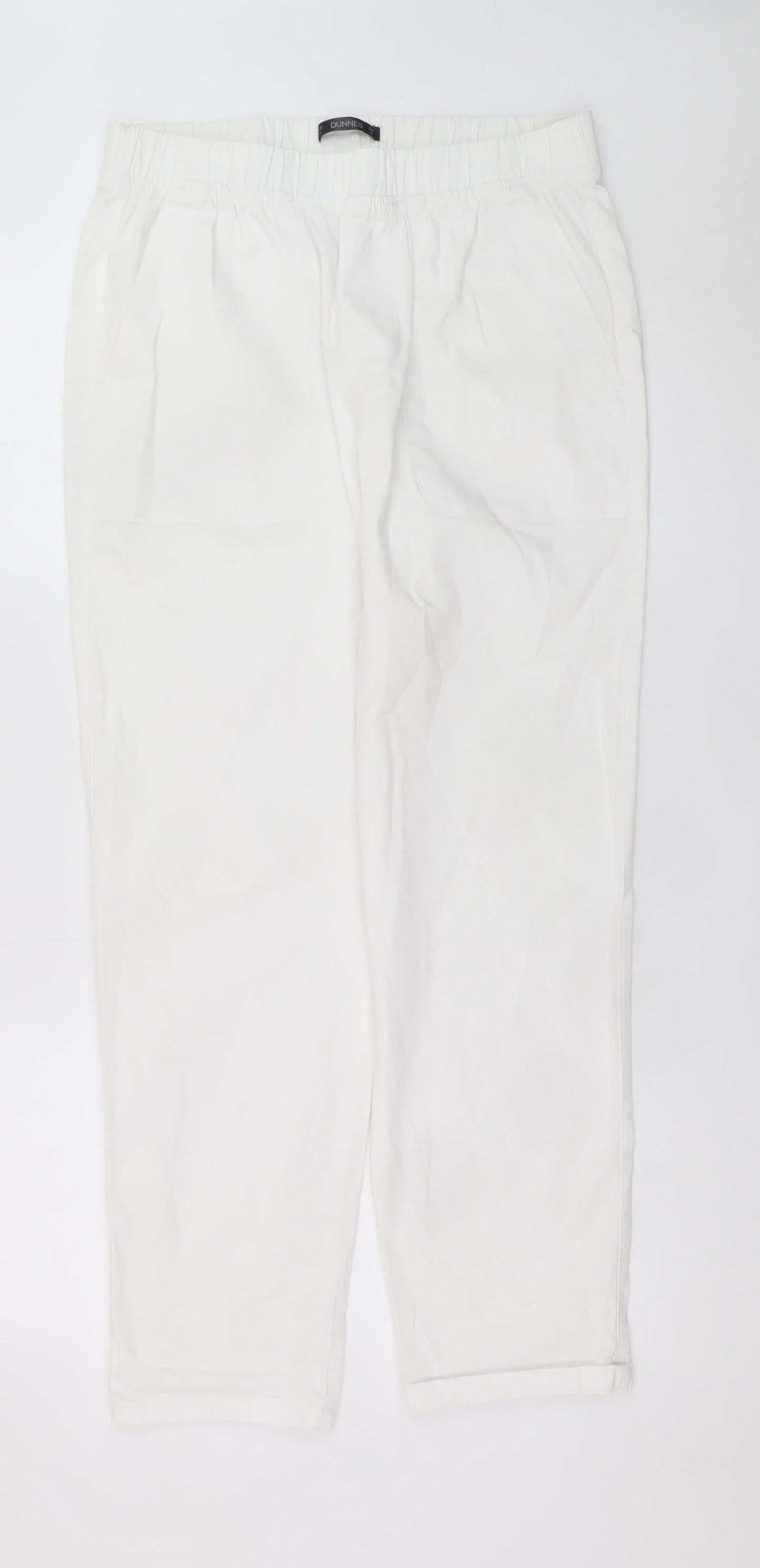 Dunnes Women White Cotton Elastic Waist Straight Leg Trousers M