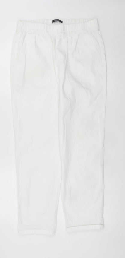 Dunnes Women White Cotton Elastic Waist Straight Leg Trousers M