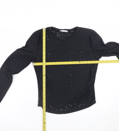Zara Women Black Long Sleeve Cotton Blend Eyelet T-Shirt M
