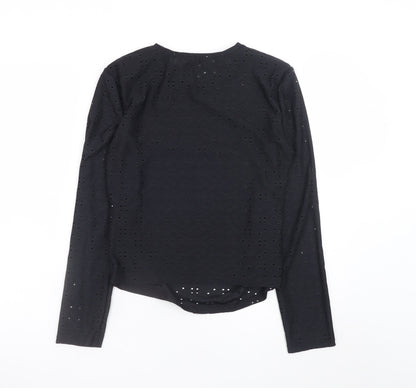 Zara Women Black Long Sleeve Cotton Blend Eyelet T-Shirt M