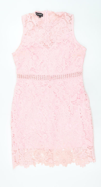 EillyBazar Women's Pink Lace Sleeveless Bodycon Short Dress L