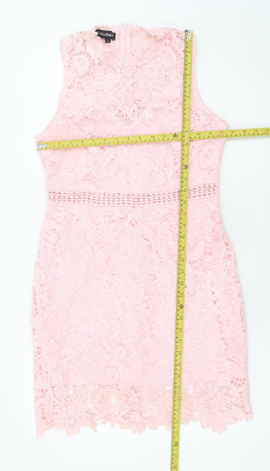 EillyBazar Women's Pink Lace Sleeveless Bodycon Short Dress L
