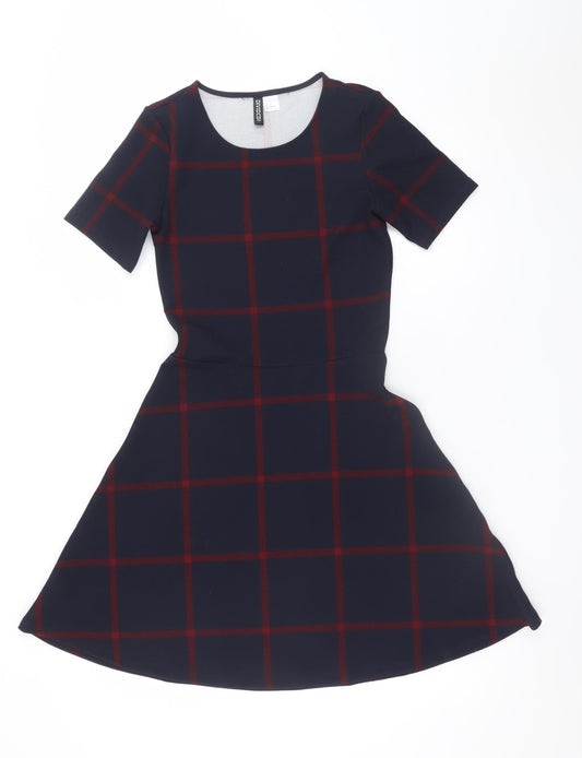H&M Divided Women's Blue Check A-Line Short Sleeve Dress Size 6