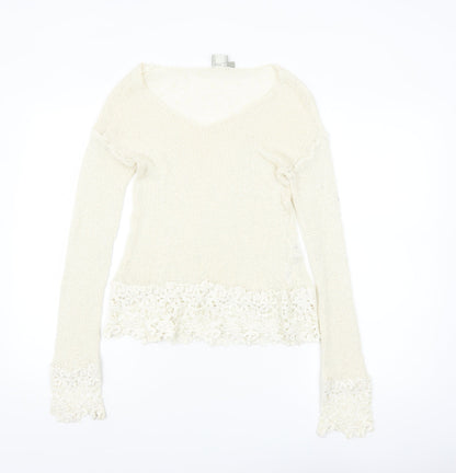 ASOS Women Ivory V-Neck Knit Lace Hem Jumper Size 8