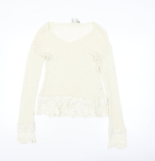 ASOS Women Ivory V-Neck Knit Lace Hem Jumper Size 8