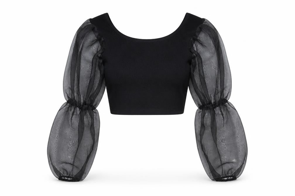 I Saw It First Womens Black Cropped Puff Sleeve Blouse Size S