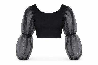I Saw It First Womens Black Cropped Puff Sleeve Blouse Size S