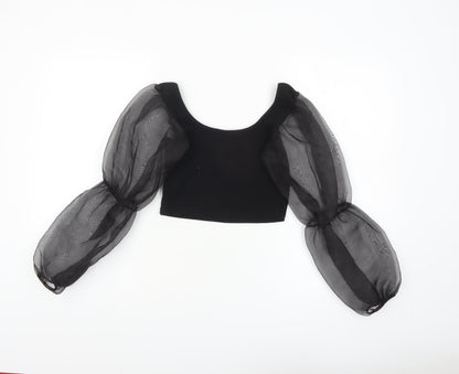 I Saw It First Womens Black Cropped Puff Sleeve Blouse Size S
