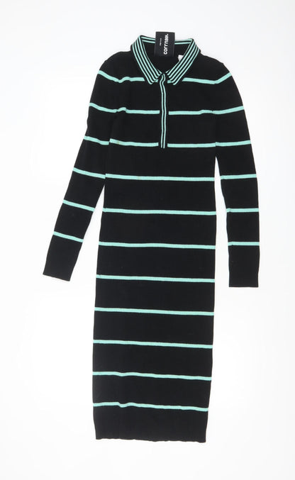 Collusion Women's Black Green Striped Collared Midi Shirt Dress Size 6