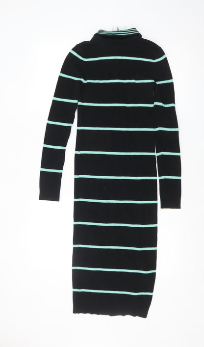Collusion Women's Black Green Striped Collared Midi Shirt Dress Size 6