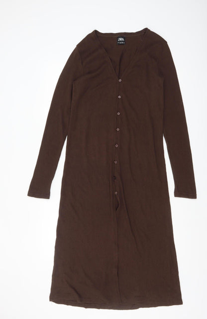 Zara Women Brown Midi Button Front Long Sleeve Knit Bodycon Dress Size S