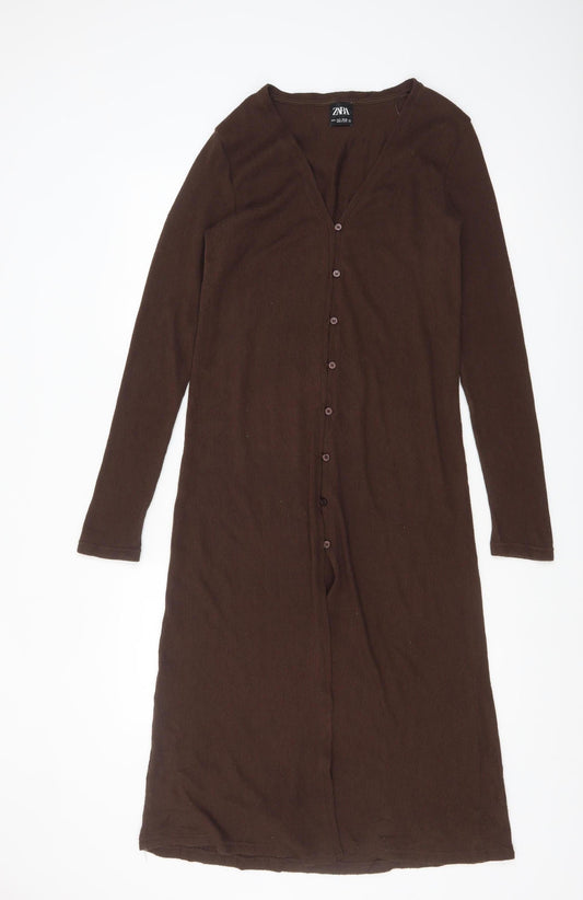 Zara Women Brown Midi Button Front Long Sleeve Knit Bodycon Dress Size S