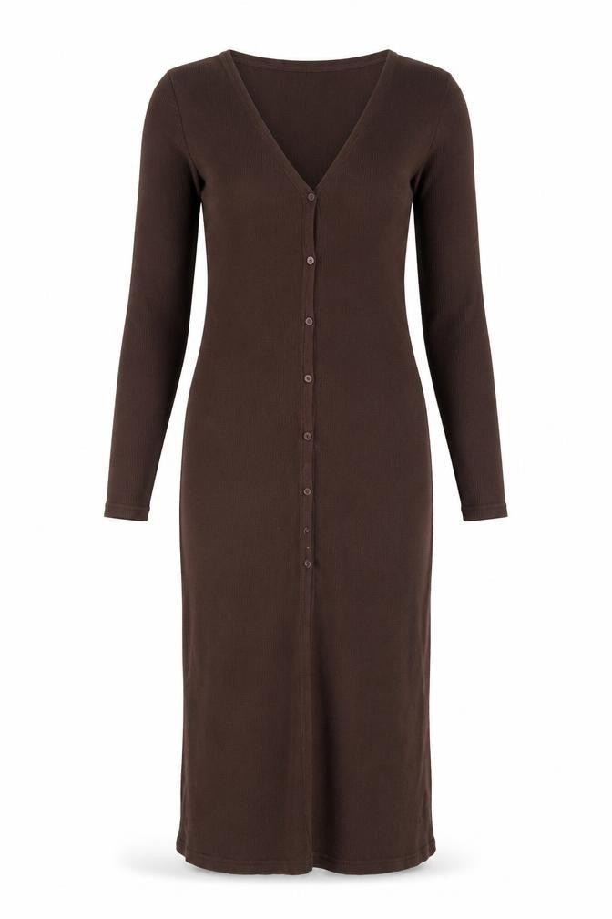 Zara Women Brown Midi Button Front Long Sleeve Knit Bodycon Dress Size S