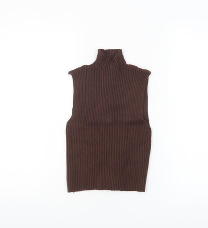 Zara Women Brown Sleeveless Roll Neck Ribbed Knit Tank Top M