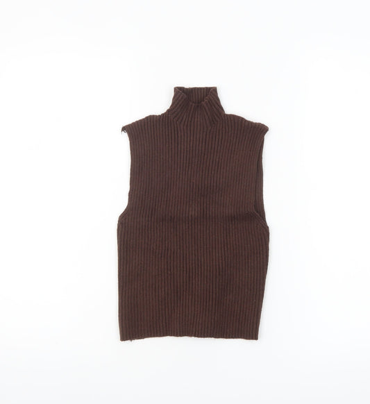 Zara Women Brown Sleeveless Roll Neck Ribbed Knit Tank Top M