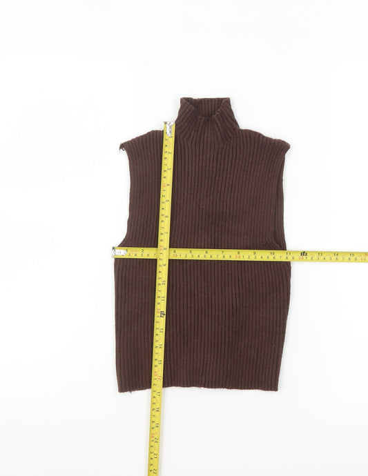 Zara Women Brown Sleeveless Roll Neck Ribbed Knit Tank Top M
