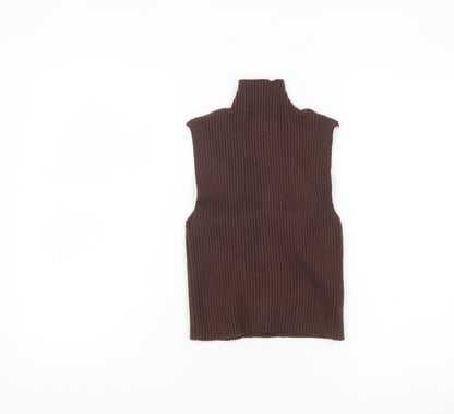 Zara Women Brown Sleeveless Roll Neck Ribbed Knit Tank Top M