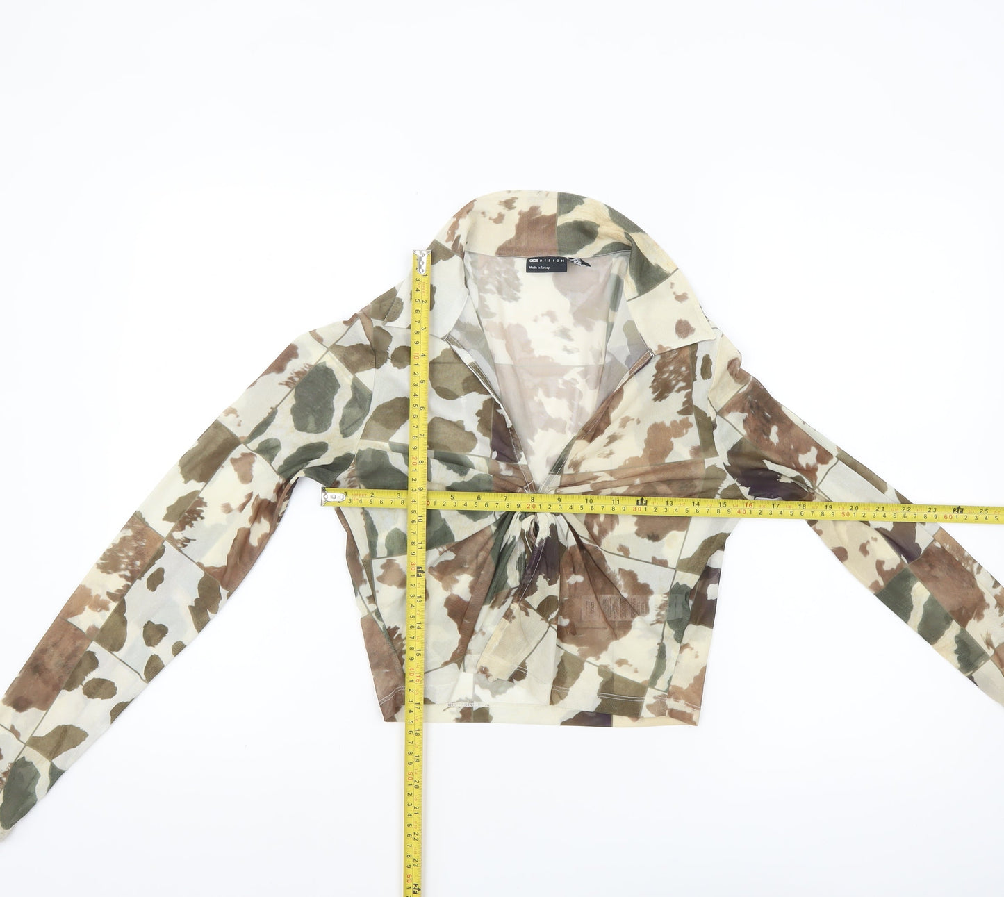ASOS DESIGN Women Brown Camouflage Cropped Mesh Tie Blouse Size 12