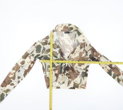 ASOS DESIGN Women Brown Camouflage Cropped Mesh Tie Blouse Size 12