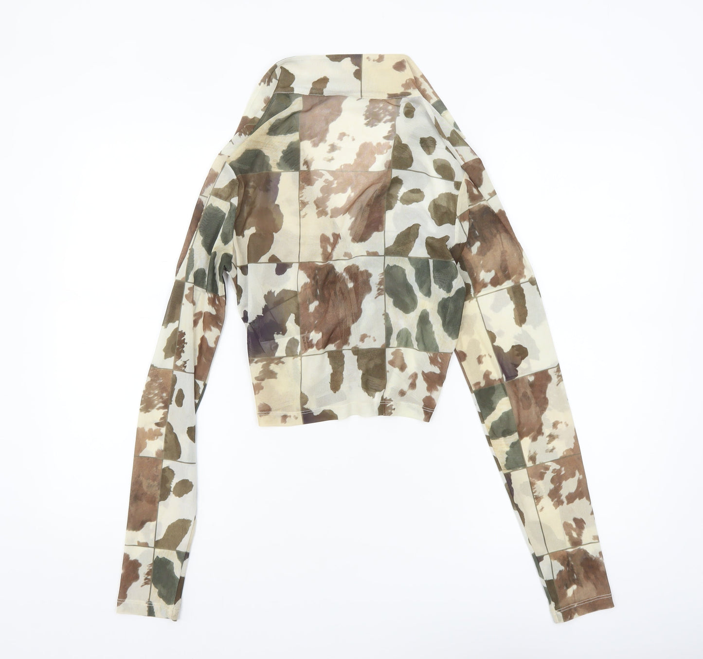 ASOS DESIGN Women Brown Camouflage Cropped Mesh Tie Blouse Size 12