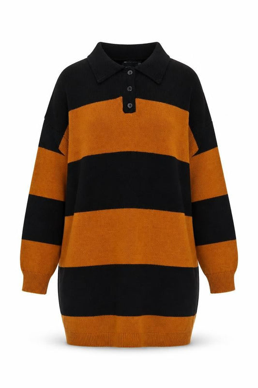 ASOS Women’s Black Brown Striped Collared Henley Jumper Size 8