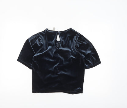 ASOS Women Blue Velvet Cropped Blouse Size 8 Puff Sleeve