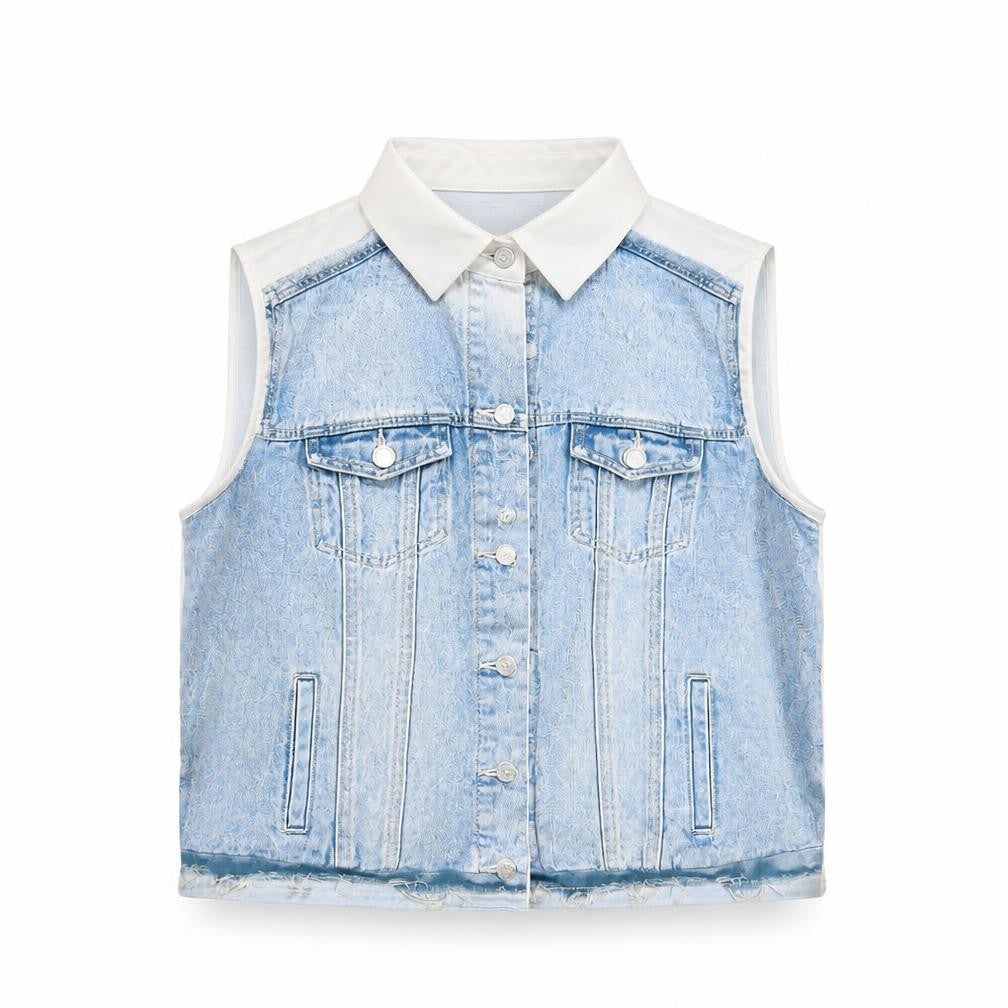Zara Women Blue Collared Sleeveless Cropped Button-Up Top Size S