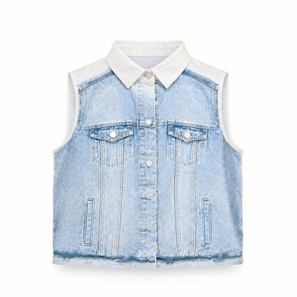 Zara Women Blue Collared Sleeveless Cropped Button-Up Top Size S