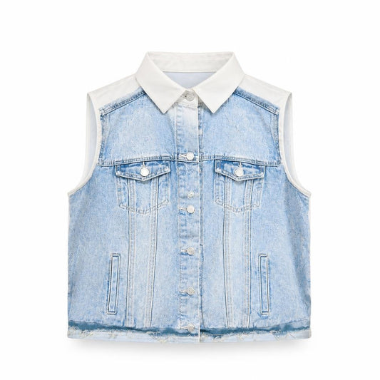 Zara Women Blue Collared Sleeveless Cropped Button-Up Top Size S