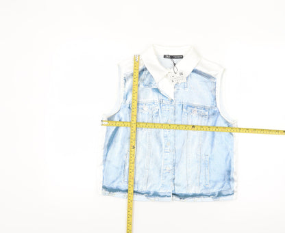ZARA Women Blue Collared Sleeveless Cropped Button-Up Top Size S