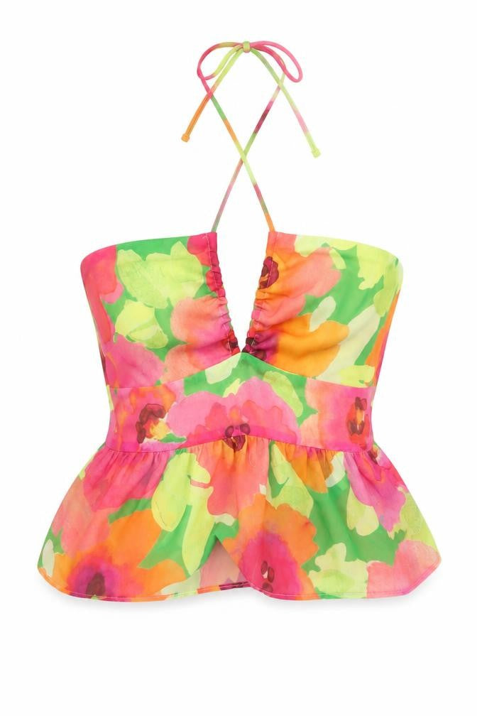 Bershka Women’s Multicoloured Floral Halter Camisole Top Size 10