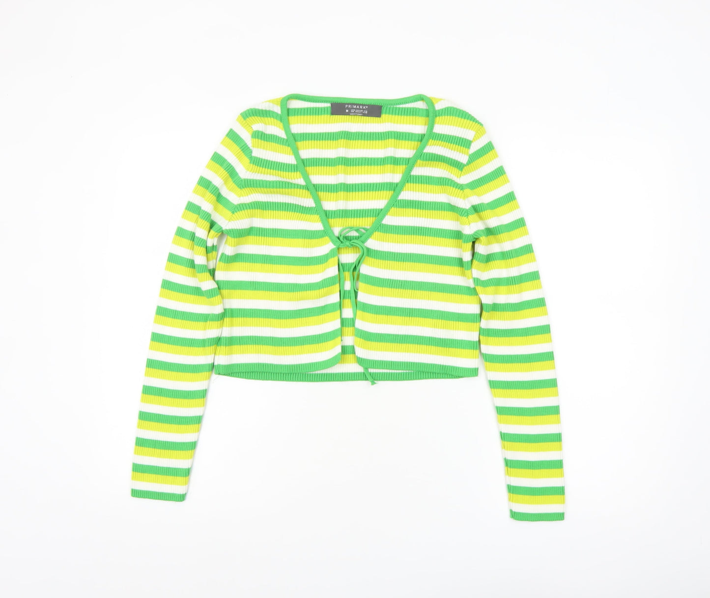 Primark Women Green Yellow Striped Cardigan M Acrylic Long Sleeve